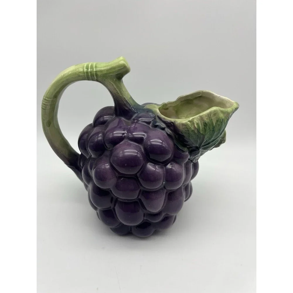 Vintage MR. MAN Grapes Majolica Ceramic Glazed Pitcher, made in Taiwan